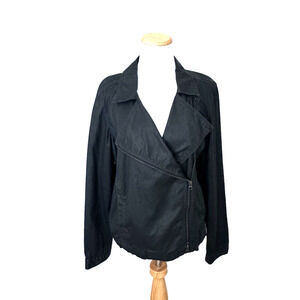 Eileen Fisher Moto Jacket M (10/12) Black Wax-Cotten Asymmetrical Zip Cropped